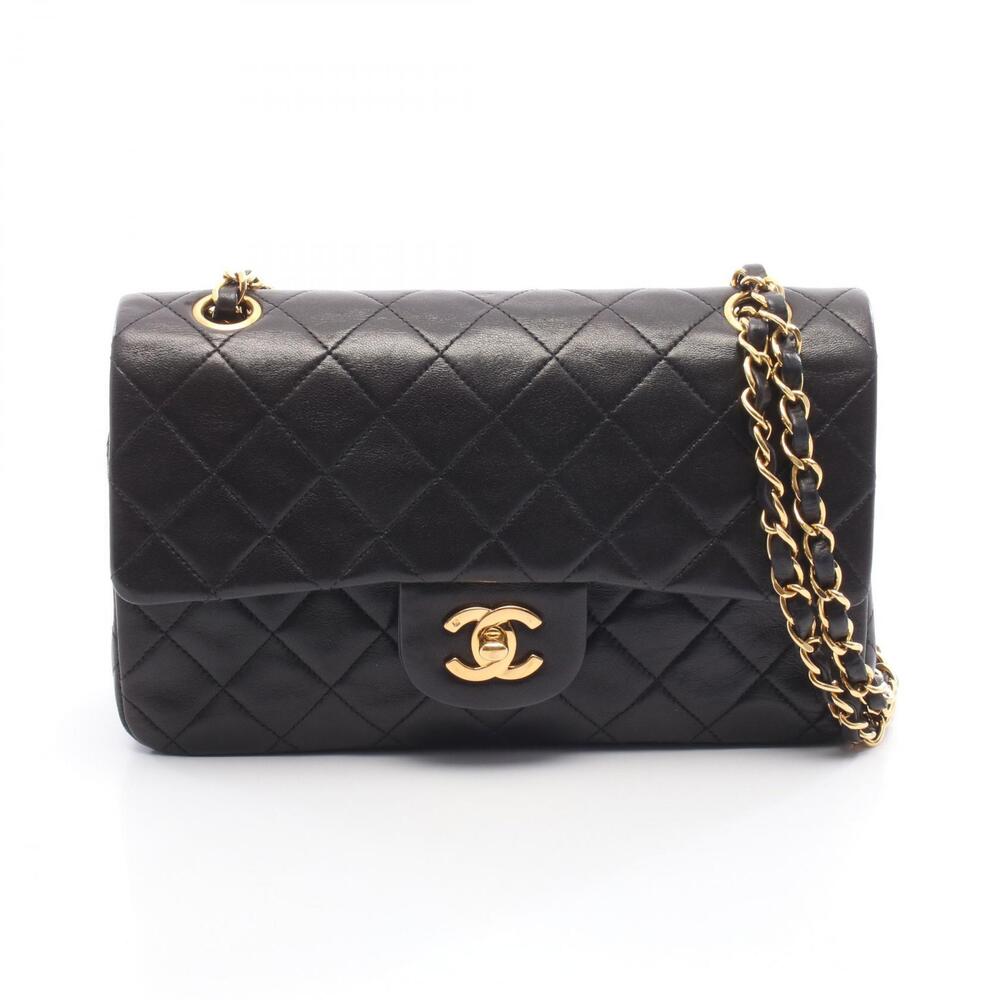 Chanel Matelasse Double Flap Shoulder Bag Lambskin Sheepskin Black